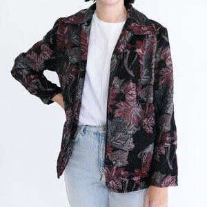 Vintage Bon Worth Black Maroon Tapestry Embroidered Floral Zip Blazer Jacket S